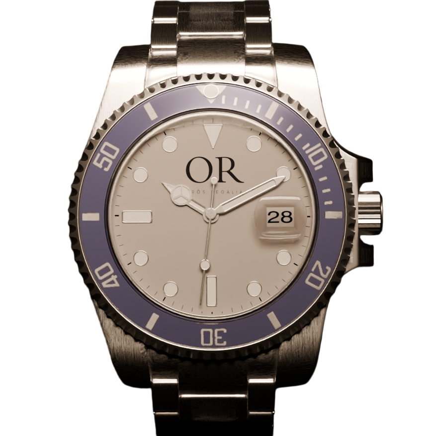 Wristwatch with silver case and blue bezel on a black background